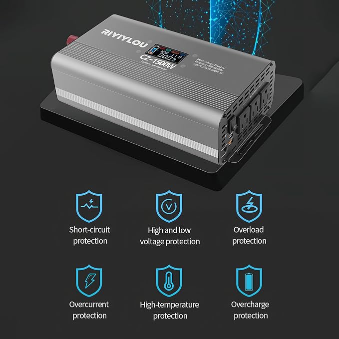 1500W Pure Sine Wave Inverter (3000W Peak), 12V/24V Auto-Detect, 50Hz/60Hz Switchable, LCD Display, Type-C Fast Charging, Silent Design, Overload & Overheat Protection for RV, Home