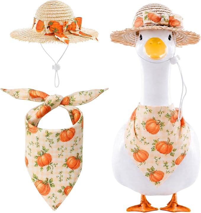 2Pcs Fall Outfit for Porch Goose - Autumn Plaid Pumpkin Bowknot Straw Hat with Bib Accessories for 23'' Cement Statue, Garden Lawn Thanksgiving Halloween Outdoor Decoration