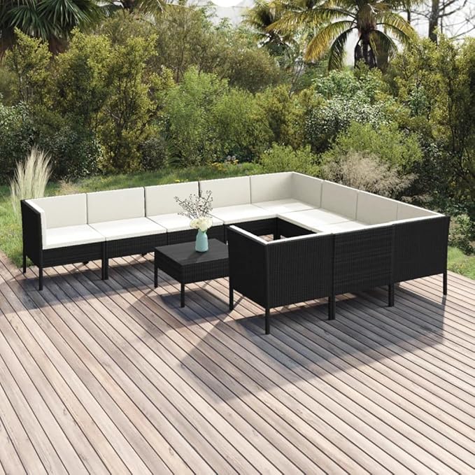11 Piece Patio Lounge Set with Cushions,Patio Sofa,Outdoor Daybed,Patio Seating,Outdoor Furniture Sets,Patio Conversation Sets,Modern Set,Outdoor Patio Chairs,for Backyard,Garden,Poly Rattan Black