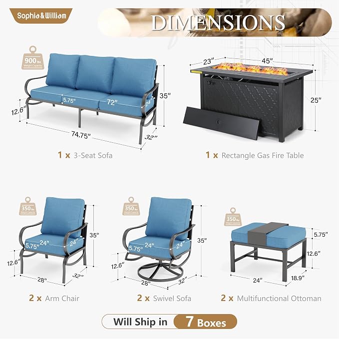 Sophia & William Patio Furniture Sets for 9 with 45" Gas Fire Pit Table Outdoor Conversation Sets 8 Pcs, 2xSofa Chairs, 2xSwivel Cushion Chairs, 1x3-Seat Sofa, 2xOttomans for Porch Poolside Navy
