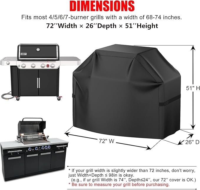 72 inch BBQ Grill Cover, Waterproof, Weather Resistant, Rip-Proof, Anti-UV, Anti-Fade, with Hook-and-Loop Straps, Gas Grill Cover for Most Grills (Black)