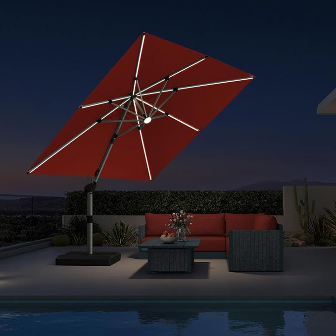 PURPLE LEAF 9 Feet Patio Umbrella with Lights Outdoor Square Cantilever Umbrella Solar Powered LED with 360-degree Rotation for Garden Deck Pool Patio, Brick Red