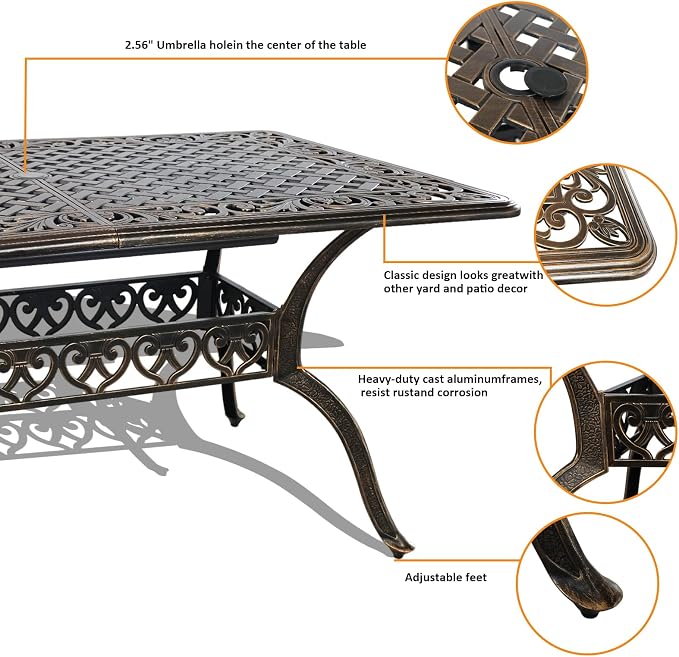 Outdoor Dining Table for 4-6 Person, 58.66" Cast Aluminum Patio Table with 2.56" Umbrella Hole, Outdoor Bistro Table for Backyard, Garden, Patio