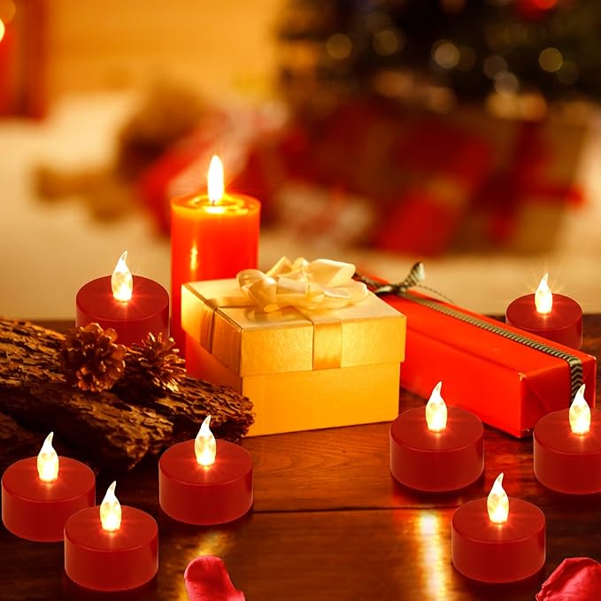 Tea Light, 24Pack Flameless LED Tea Lights Candles Flickering red 200+ Hours Battery-Powered Tealight Candle. Ideal for Party, Wedding, Birthday, Gifts and Home Decoration (Red)