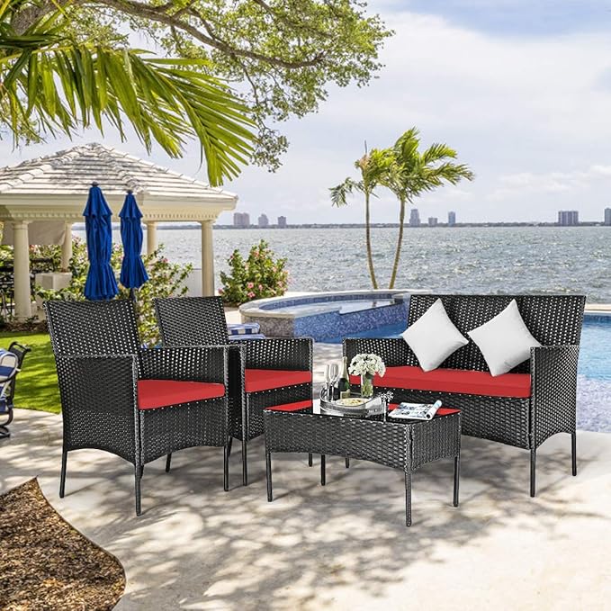 Tangkula 8 Piece Patio Furniture Set, Outdoor Wicker Conversation Set with Tempered Glass Coffee Table, Rattan Loveseat & Chairs Set with Seat Cushions for Backyard, Garden, Poolside (2, Red)
