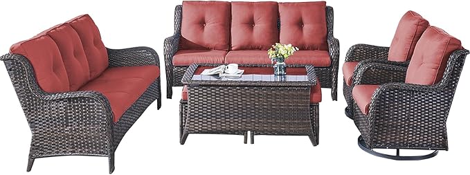 Rilyson Wicker Patio Furniture Set - 7 Piece Rattan Outdoor Sectional Conversation Sets with 2 Rocking Swivel Chairs,2 Ottomans,2 Sofa and 1 Coffee Table for Porch Deck Garden(Brown/Red)