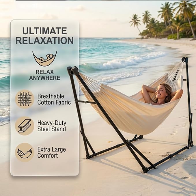 Rollover Prevention Outdoor Hammock with Stand,Portable Space Saving Heavy-Duty Steel Stand Canvas Hammock for Indoor Outdoor Patio Outdoor Camping on the Beach