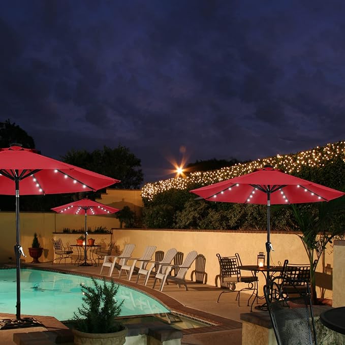 MASTERCANOPY 9FT 8Ribs Patio Umbrella with 32 Solar LED Lights, Outdoor Market Umbrella with Tilt & Crank, UV Protection & Fade Resistant Fabric, Easy Set-Up for Garden, Deck, Pool (Red)