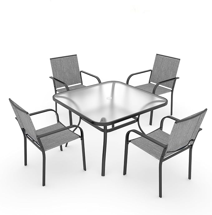 Anmutig 5-Piece Outdoor Patio Dining Set 37-Inch Square Glass Table with 4 Stackable Chairs for Lawn Backyard and Deck, Grey