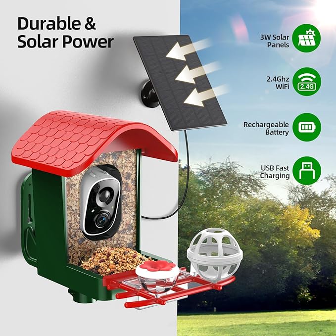 3K HD Smart Bird Feeder with Camera, 2.4GHz WiFi Solar Powered Smart Feeder, AI Bird Species Identification & Real-Time App Alerts, Chew-Proof & Waterproof for Outdoors