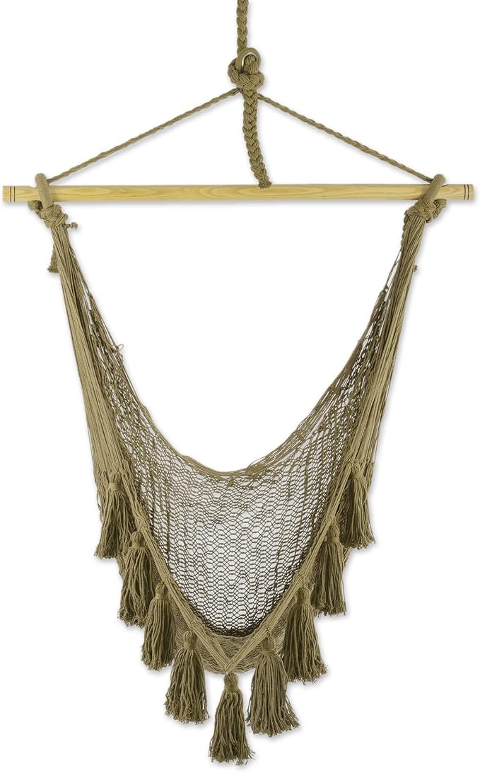 NOVICA Artisan Handmade Cotton Hammock Swing Tasseled Rope Mayan from Mexico Green Solid Tropical Decor 'Ocean Seat in Olive Green' (Single)