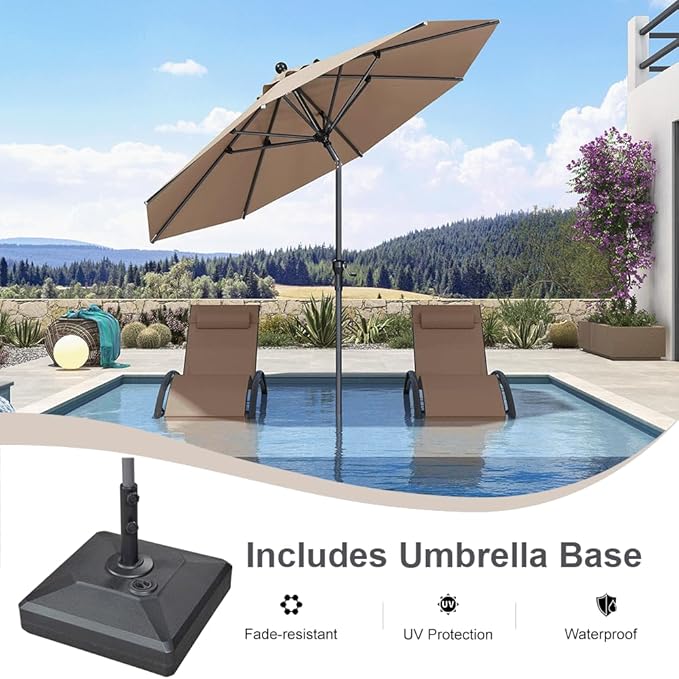 PURPLE LEAF 9' Round Patio Market Umbrella with Base Outdoor Table Umbrellas Aluminum Frame Sun Shade with 8 Sturdy Ribs Tilt for Garden Deck Lawn Pool Taupe