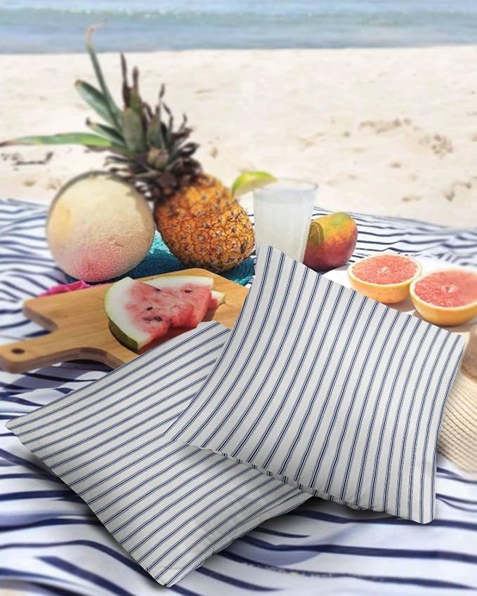 Outdoor Waterproof Throw Pillow Covers 24x24in, Modern Striped Cushions for Garden Patio Furniture Chairs Set of 2, Navy Blue White Home Decor Couch Sofa Polyester Pillow Cases