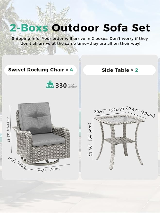 6 Piece Outdoor Wicker Patio Furniture Set,High Back Swivel Rocker Patio Chairs with 4" Thickened Cushions & Side Table, All-Weather PE Rattan for Garden, Backyard, Porch, Grey