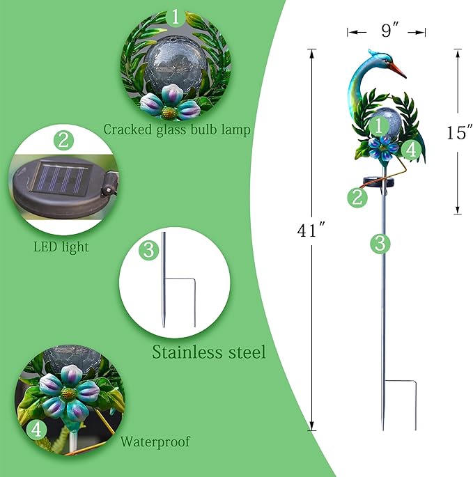 Solar Globe Lights for Garden Decoration,40.9 Inch Pelican Front Porch Decor with Cracked Glass Puck Light for Outside Yard Decoration