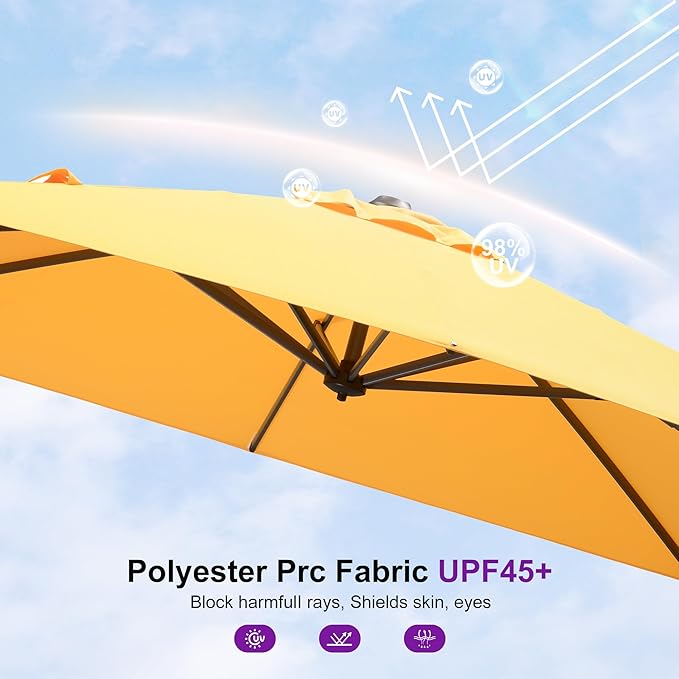 PURPLE LEAF 8' X 8' Patio Umbrella with Base for Pool 7' High Offset Outdoor Cantilever Umbrella Swimming Pool Umbrella with 360°Rotation for Poolside Yellow