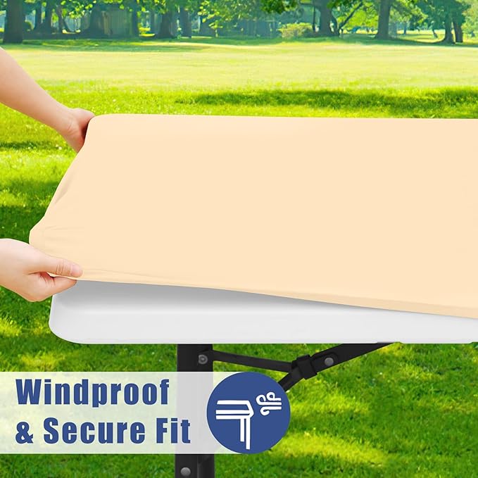 Moosfor Spandex 8 Foot Rectangle Table Cloth 2 Pack, Elastic Fitted Tablecloths for Picnic, Stretch Washable Patio Table Cover for Outdoor, Camping, Banquet and Parties(Ivory, 30"x96")