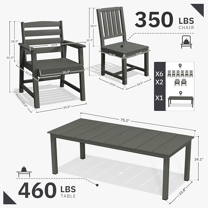 AreShark Patio Dining Chair Set of 2,All Weather HDPE Outdoor Dining Armless Chairs with Wide Seat and Backrest,Weatherproof Patio Chairs for Garden,Backyard,Deck,Gray