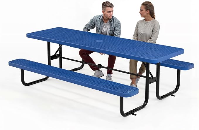 Commercial Heavy-Duty Metal Picnic Table - ADA Compliant, Adjustable Seats, Umbrella Hole, Expanded Metal (Blue, 8' Rectangular)