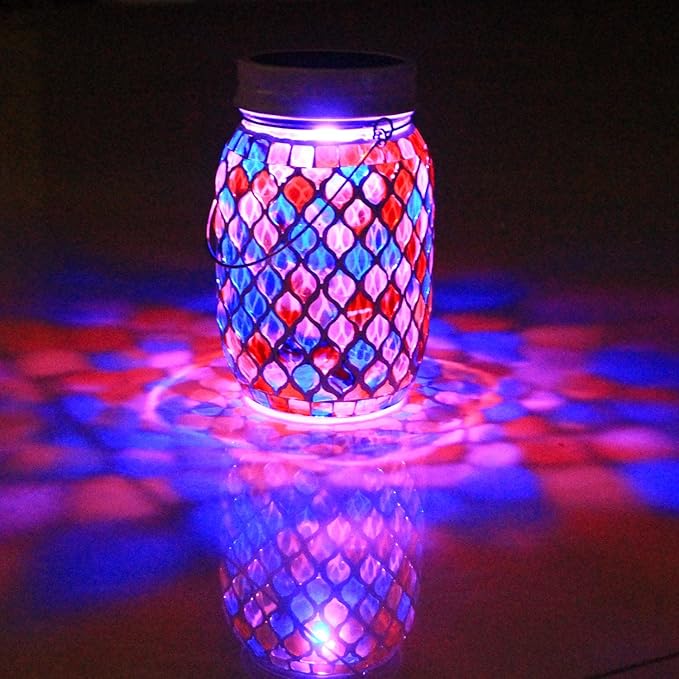 Solar Mosaic Outdoor Lanterns - 12 Color Changing LED, 4 Lighting Modes with Remote Control, Handcrafted Glass Decor Lights, Hanging or Tabletop Decor for Garden (red)