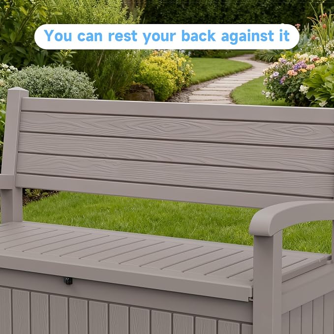 70 Gallon Outdoor Storage Bench， Waterproof and Lockable Outdoor Storage Box, Durable Resin Deck Box for Patio, Backyard, Garden, Porch(Grey)