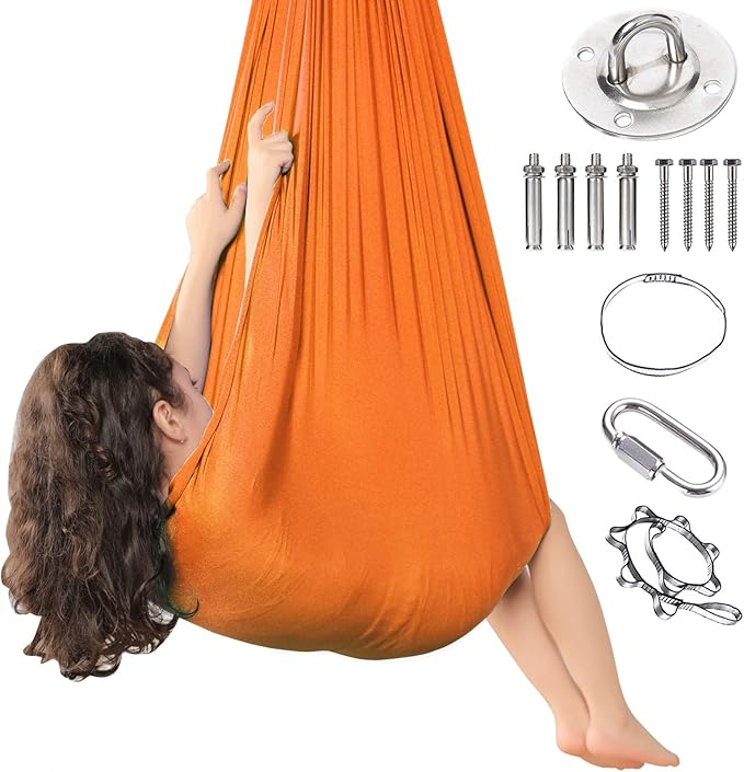 Kids Sensory Therapy Swing Hammock Children's Swing Hammock Indoor Elastic Cuddle Pod Swing for Autism Boys Girls with ADHD SPD Asperger's Sensory Integration Special Needs (Orange)