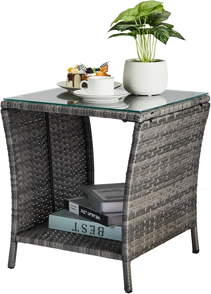 Outdoor Patio Wicker Side Table, Square End Side Table Bistro Coffee Table with Glass Top Storage Shelf for Porch Garden Backyard, Grey
