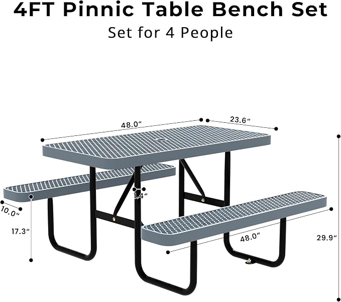 4FT Rectangular Steel Outdoor Picnic Table, Commercial Picnic Table Bench Set with Umbrella Hole, Weather-Resistant Heavy Duty School Dining Table for Stores, Park, Patio, Garden, Backyard, Grey