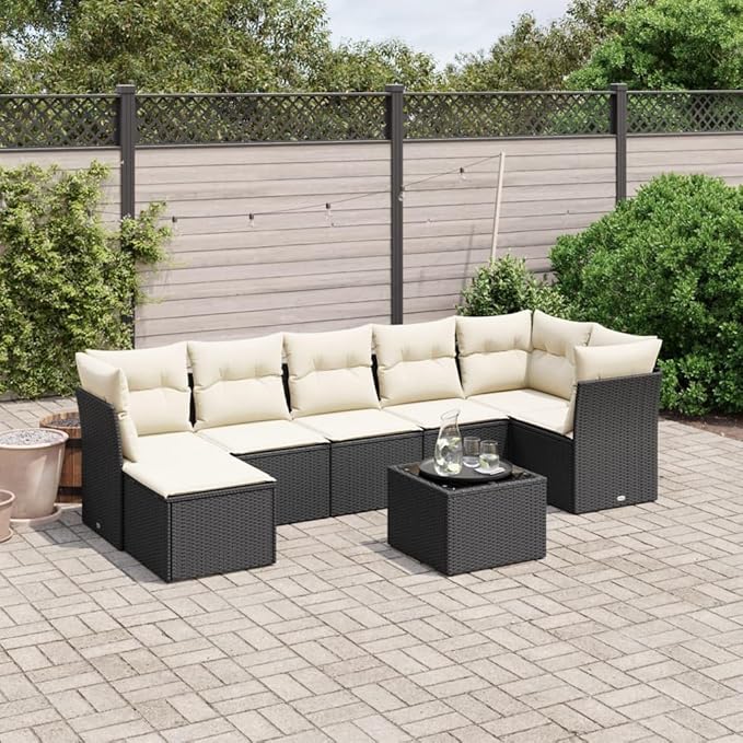 vidaXL Patio Sofa Set with Cushions 8 Piece, Outdoor Conversation Set, Sectional Sofa for Balcony Garden, Modern Style, Black Poly Rattan
