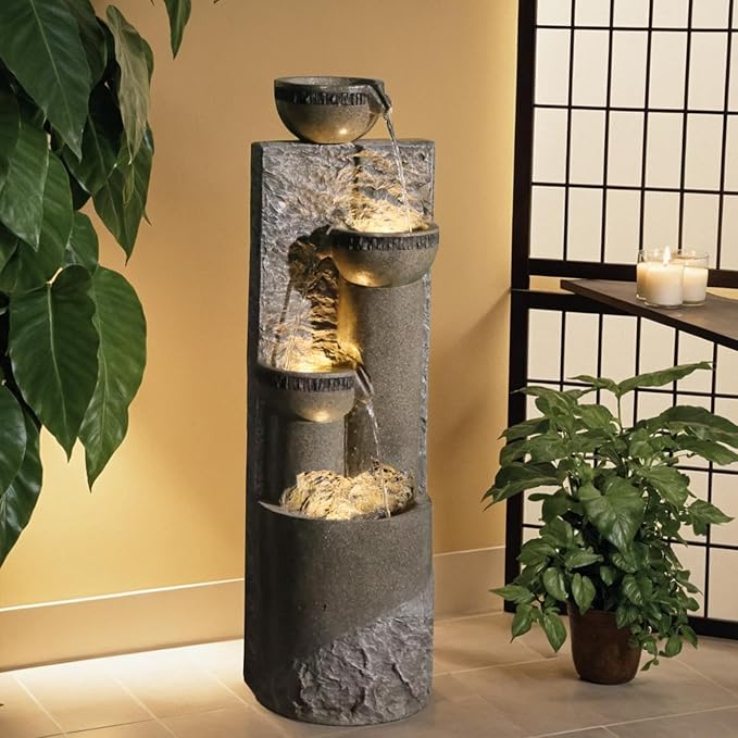 39.8" Tall 4-Tier Outdoor Water Fountain with LED Lights and Pump, Natural Cascading Waterfall Feature for Garden, Patio, Yard, Porch & Deck Décor – Gra