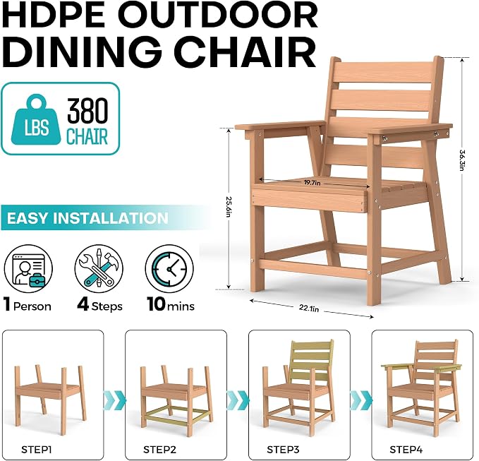 HDPE Dining Chair Set of 2, All-Weather Patio Dining Chair with Armrests, Wood Grain Texture, Heavy Duty Outdoor Furniture for Backyard, Garden.Cedar