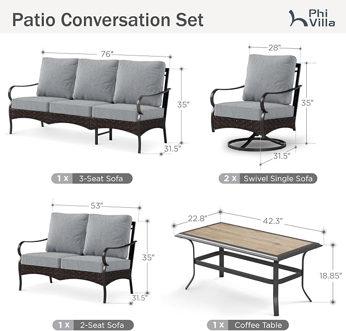 PHI VILLA Outdoor Modern Patio Furniture Set, Upgraded Wicker & Metal Patio Conversation Set with Waterproof Thick Cushions for Porch, Poolside, Yard (5 Pieces,Grey)
