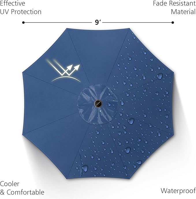9ft Patio Umbrella with Solar Lights, Outdoor Umbrella with 24 LED Solar Umbrella Lights, Push Button Tilt & Crank Ideal for Garden, Deck, Backyard & Pool, Navy Blue
