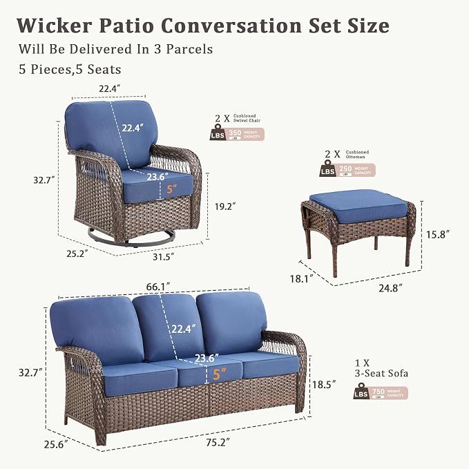 Patio Furniture Set with Fire Pit Table - 6 Pieces All-Weather Wicker Outdoor Furniture with High Back Swivel Chairs Set of 2 Outdoor Couch for Deck Balcony Backyard Blue