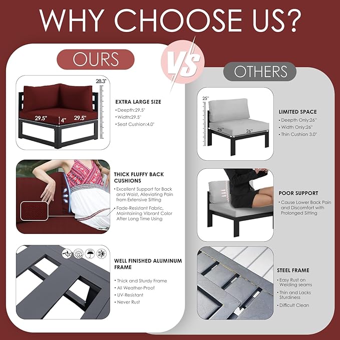 NICESOUL 8 Piece Oversized Modern Aluminum Patio Furniture Set, All Weather Rust Proof Modular Sectional Sofa with Side Table, 500 lbs Heavy Duty Comfortable Outdoor Couch for Backyard Deck, Burgundy