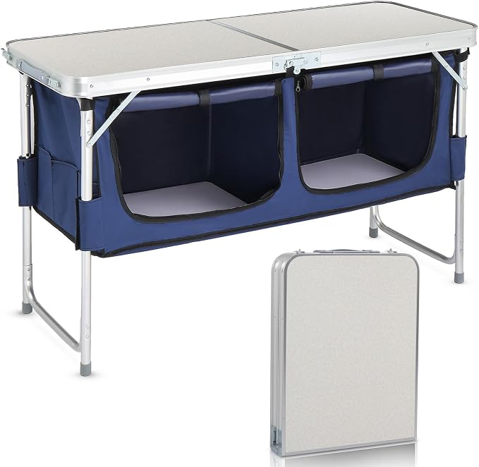 Outvita Portable Camping Table with Storage, Outdoor Aluminum Folding Camping Table with 3 Adjustable Height, Foldable Camp Tables for Backyards BBQ Party Picnic Beach Indoor, White
