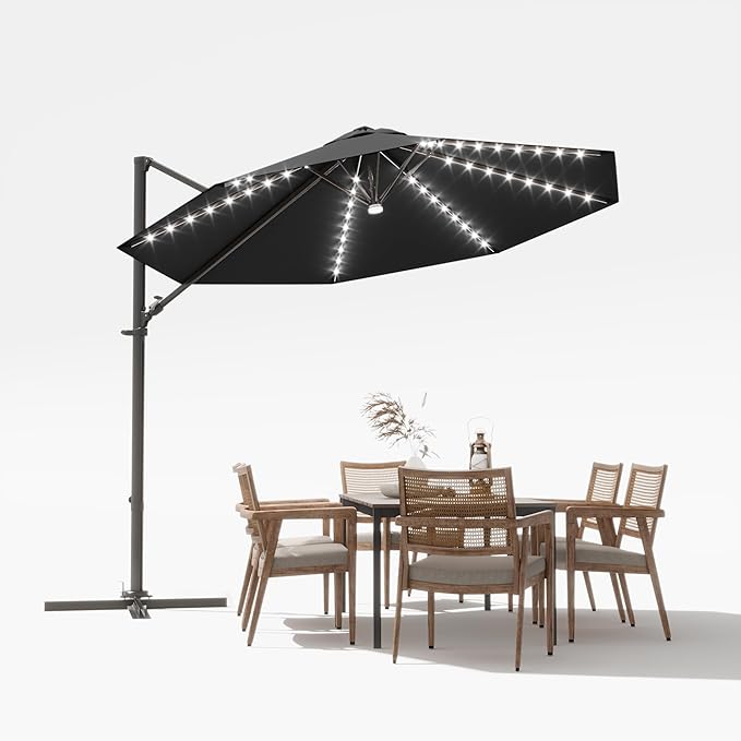Devoko 10ft Solar LED Patio Umbrella, Round Cantilever Outdoor Umbrella with Solar Lights and 360-Degree Rotation, Large Hanging Offset Market Umbrella with Easy Tilt for Patio Deck Garden,Black
