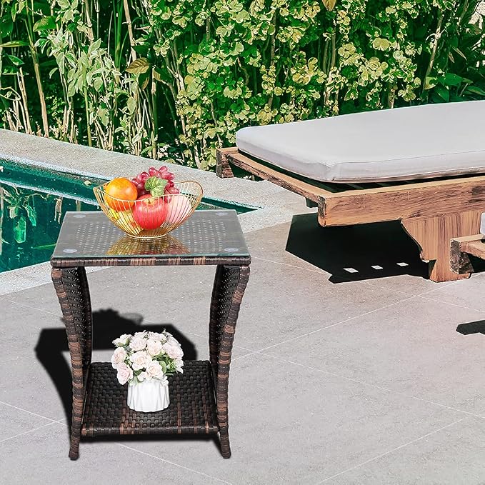 18" Patio Rattan Wicker Side Tables,Outdoor Square Wicker End Table,Waterproof Patio Coffee Side Table,Outside Storage Coffee Tables,with Glass Top,for Garden Porch Poolside Deck Backyard (Brown)