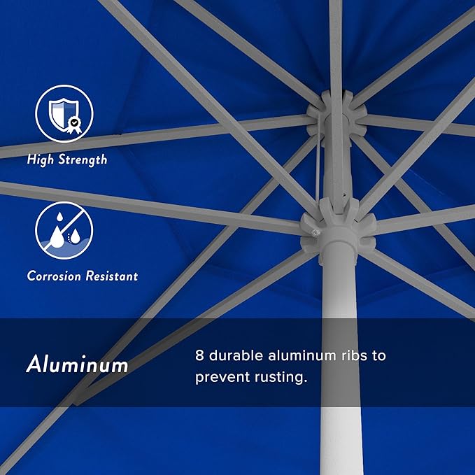 California Umbrella 12-Year Protection 9' Rd Aluminum Patio Umbrella, Crank Lift, Auto Tilt, White Finish, Sunbrella Pacific Blue