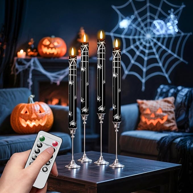 Eldnacele Halloween Flameless Flickering Taper Candles with Remote and Timer, Battery Operated Spider Web Decal Real Wax Black LED Window Candles Set of 4 Table Centerpiece Horror Halloween Decor