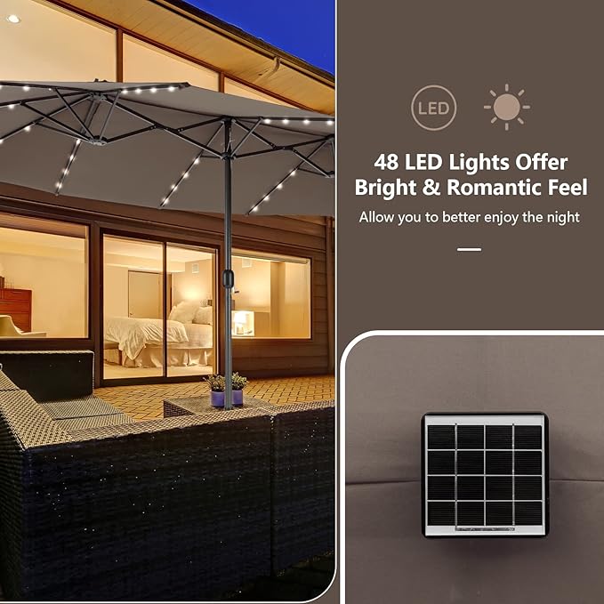 Tangkula 15 Ft Solar Patio Umbrella, Double-Sided Extra Large Outdoor Market Table Umbrella with 48 LED Lights, Crank Handle, 12 Sturdy Ribs for Poolside, Garden & Backyard (Tan)