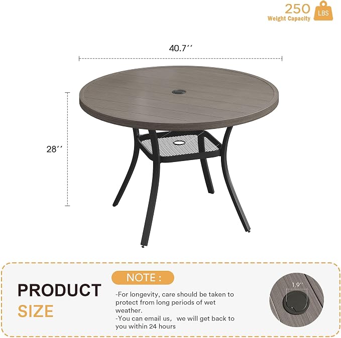 VICLLAX Metal Outdoor Dining Table for 4, All Weather 40.7" Black Round Patio Table with Adjustable Umbrella Hole for Lawn, Garden, Balcony and Poolsides, Grey Wood Grain Tabletop