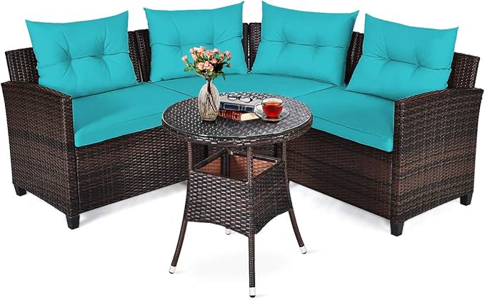 Tangkula 4-Piece C Shape Patio Furniture Set, Outdoor Corner Wicker Rattan Sectional Cushioned Sofa Set, with Glass Coffee Table, for Garden Poolside Balcony (Turquoise)