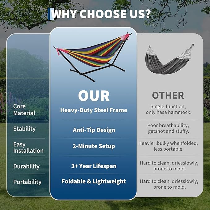 Double Hammock with Space-Saving Steel Stand - 2 Person Portable Heavy Duty Hammock with Carrying Bag for Outdoors & Indoors, Easy Assembly, 350 lbs Capacity, Black Rainbow Stripes