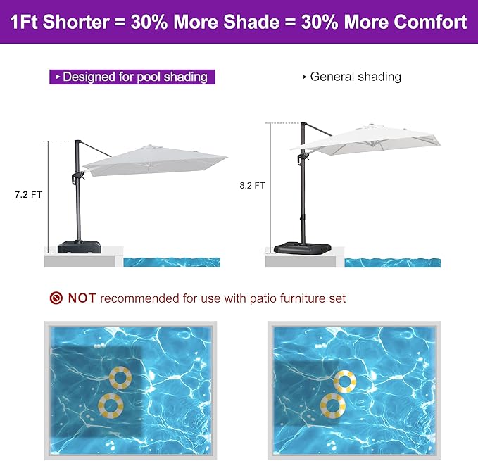 PURPLE LEAF 8' X 8' Patio Umbrella with Base for Pool 7' High Offset Outdoor Cantilever Umbrella Swimming Pool Umbrella with 360°Rotation for Poolside Grey
