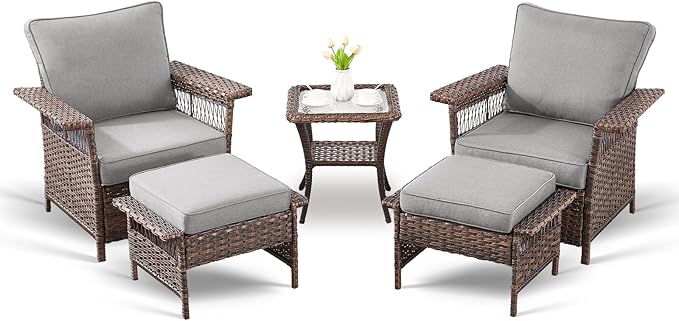 Outdoor Wicker Patio Furniture Set - 5 Piece Rattan Patio Conversation Sets with 2 Armrest Chairs,2 Ottomans and 1 Side Table for Porch Deck Garden(Brown/Grey)