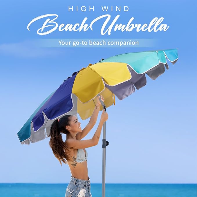 AMMSUN 7.5ft Heavy Duty HIGH Wind Beach Umbrella with sand anchor Vent Tilt Portable Sun Shelter, UV 50+ Protection Outdoor Sunshade Umbrellas Carry Bag for Patio Garden Pool Backyard Multicolor Blue