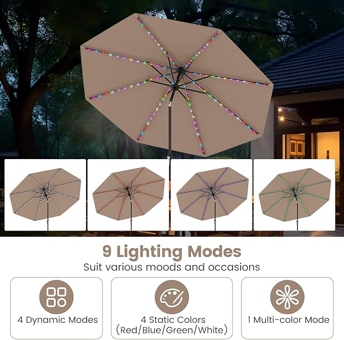 Tangkula 10 FT Solar Patio Umbrella, Outdoor Market Table Umbrella with 96 Multi-Colored Flowing LED Lights, 9 Modes, Tilt Adjustment, Crank Handle, 8 Ribs, Vented Top for Backyard Poolside Deck Lawn (Tan)