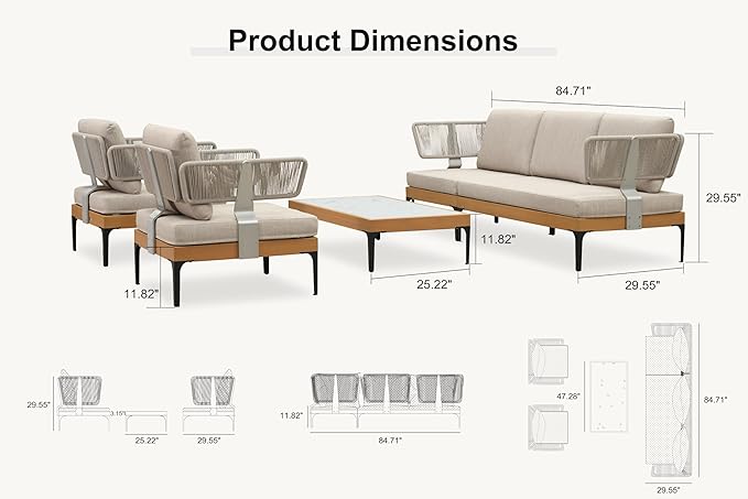 PURPLE LEAF Patio Furniture Set Outdoor Conversation Sets with Removable Cushions and Pillows 6 Piece Aluminum Modern Wicker Sofa Chairs with Coffee Table for Balcony Yard Garden, Oatmeal Greige