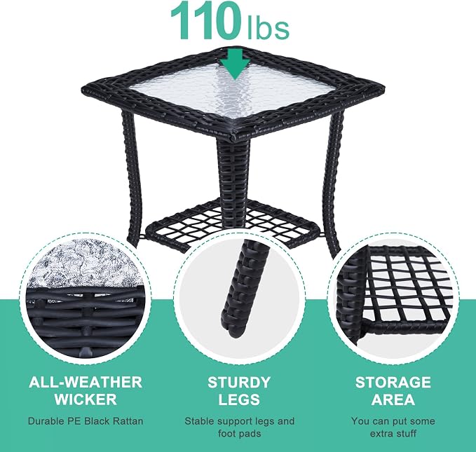 Outdoor Wicker Side Table with Tempered Glass & Lower Storage Shelf, All-Weather Rattan Side Table Wicker Patio Table, for Outdoor Patio, Porch, Garden, Indoor, Black